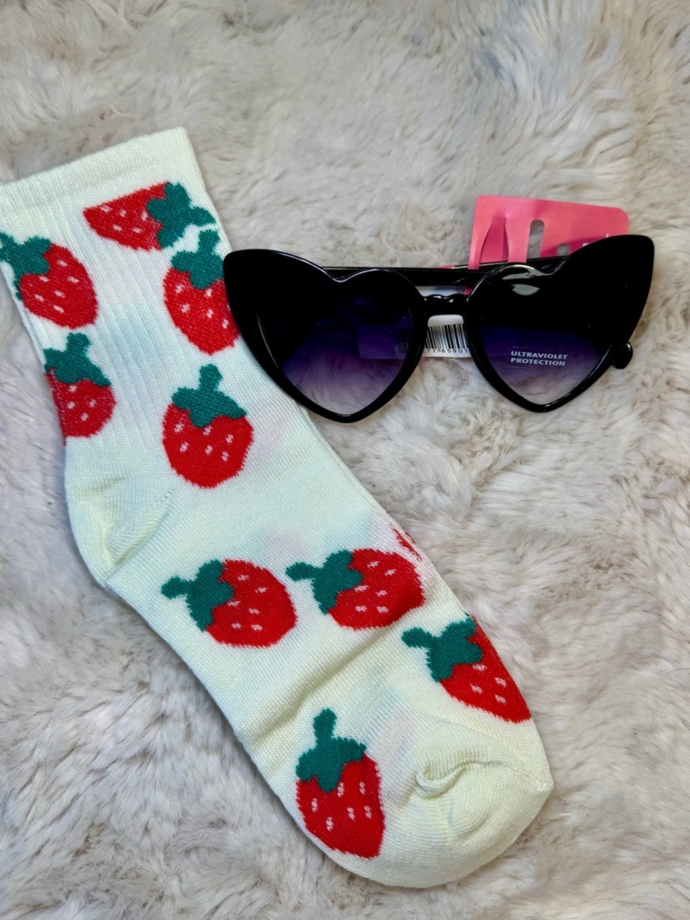 H&M Trending Strawberry Crew Socks Bundle‎ with Heart Shaped Glam Black Sunnies